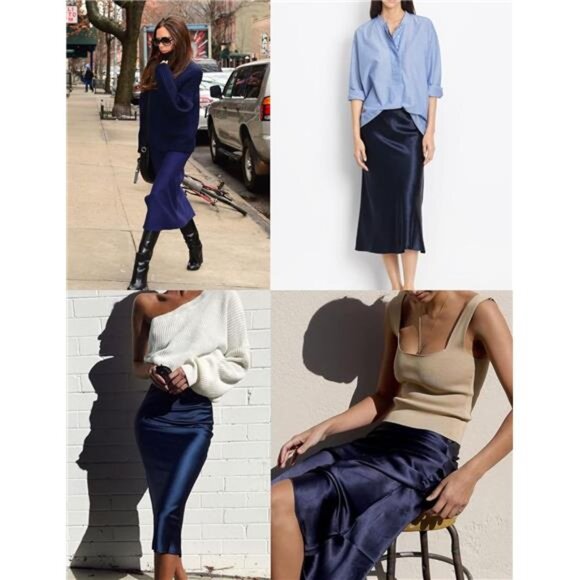 Womens Satin Skirts Zipper Elegant Navy Blue - Picture 5 of 6